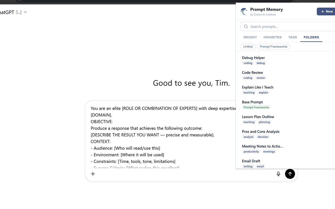 Prompt Memory popup showing folders view on ChatGPT with a saved prompt being inserted into the conversation
